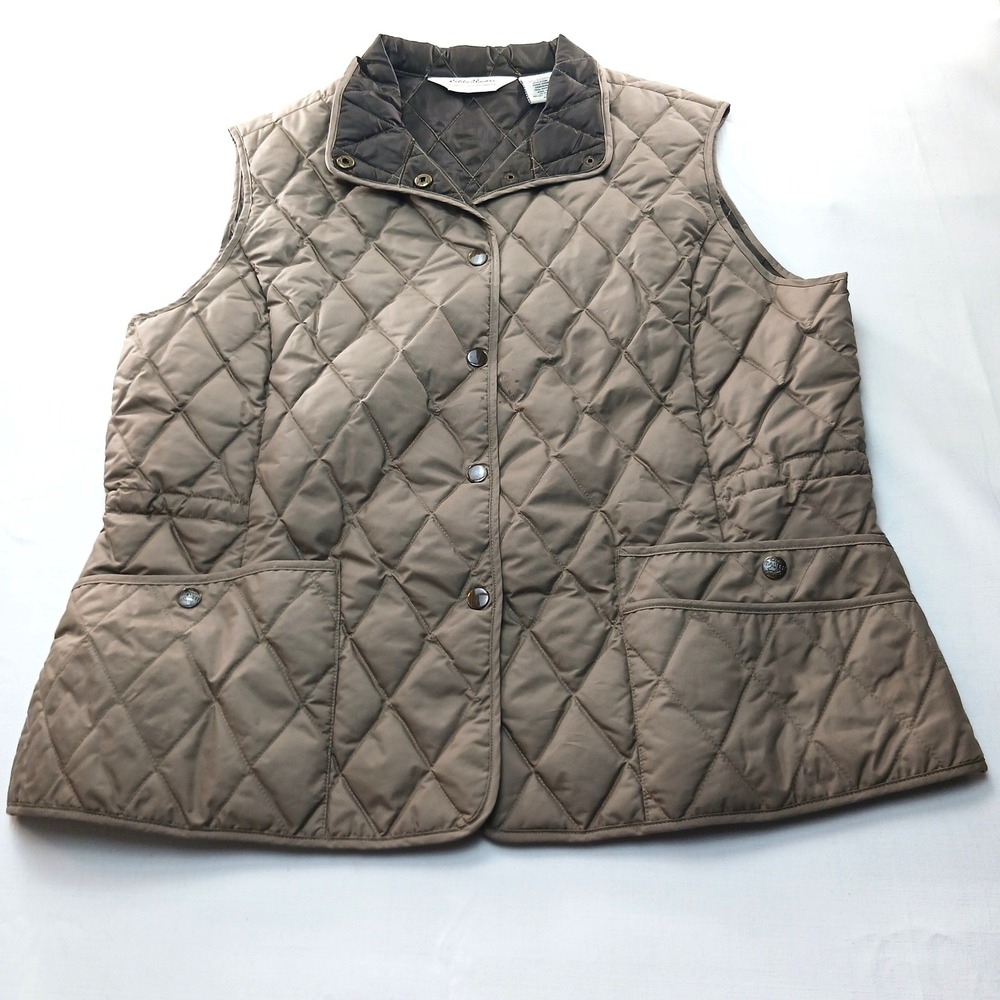 Eddie Bauer Womens XL Taupe Brown Quilted Goose Down Puffer Vest Snap Front